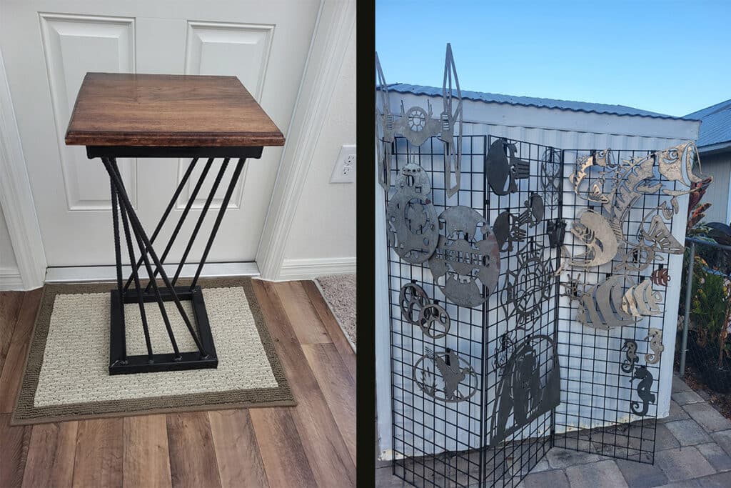 Side by side images of a welded table and a rack full of handcrafted metal wall art.